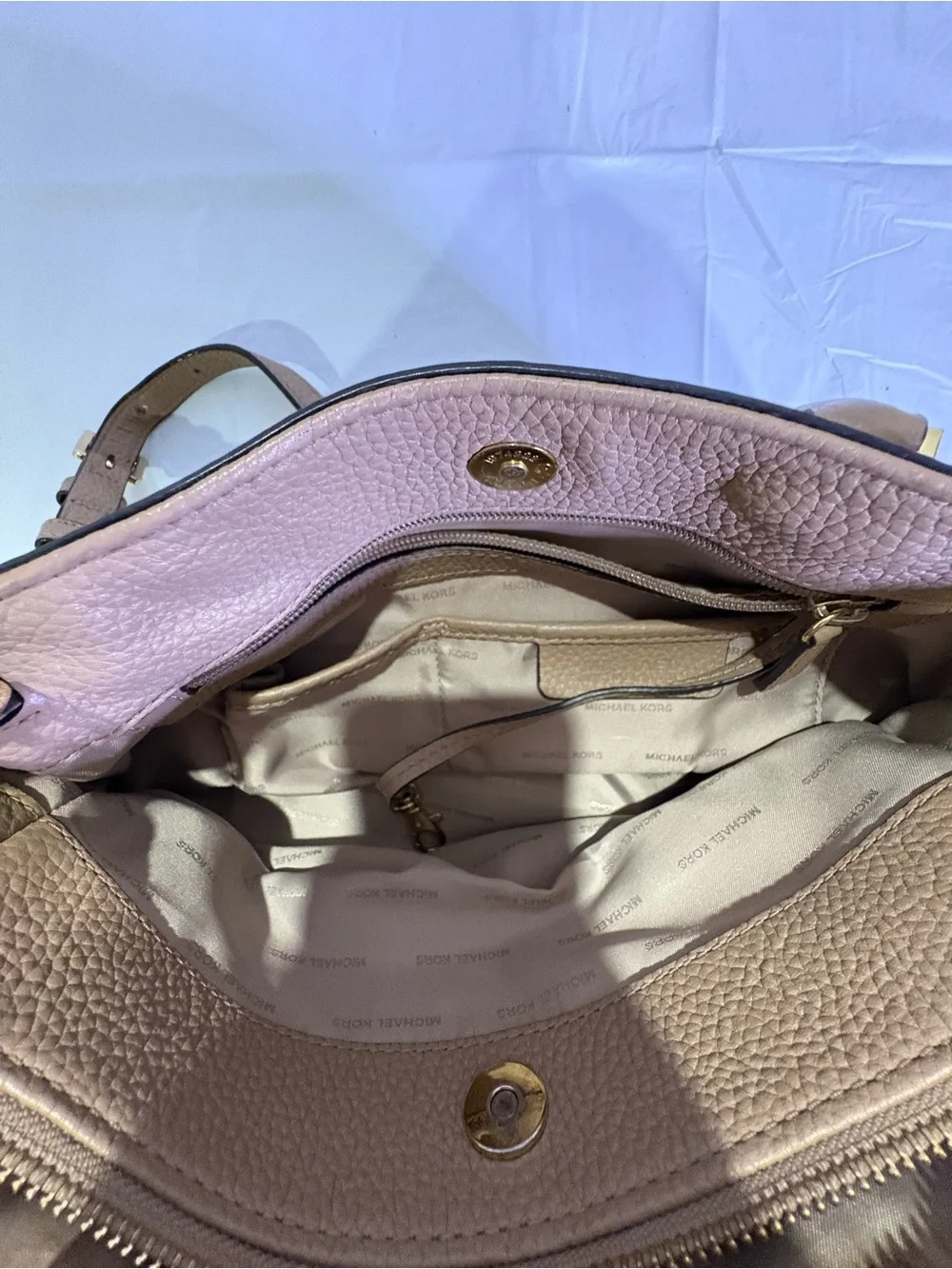 Michael Kors Taupe Pebbled Leather Shoulder Tote with Gold Hardware